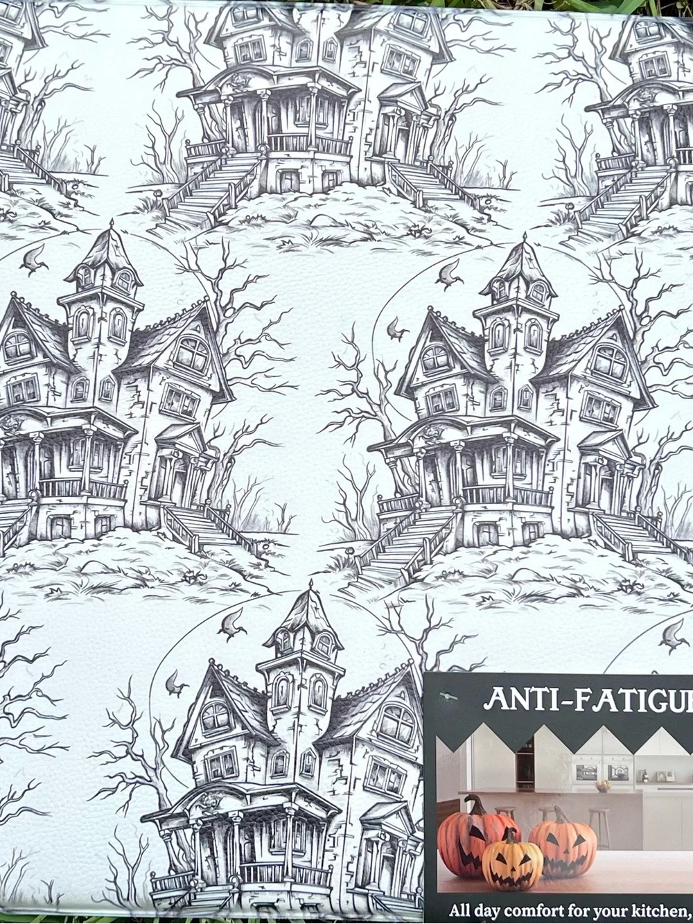 Halloween Haunted House Anti Fatigue Floor Mat Black & White Gothic Mansion
